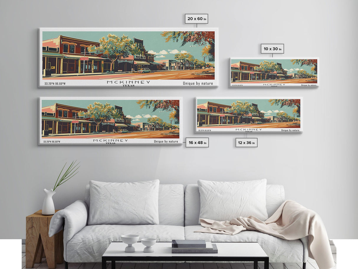 McKinney Texas Panoramic Painting, Mid Century Modern Framed Canvas Print, Retro Pop Art Travel Poster, Living Room Wall Decor