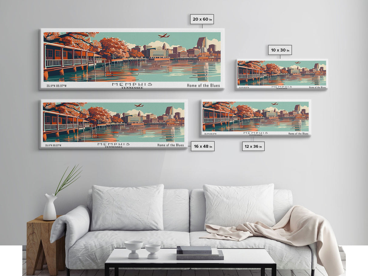 Memphis Tennessee Panoramic Wall Art, Mid Century Modern Framed Canvas Print, Retro Pop Art Travel Poster, Office Decor, Cityscape Art