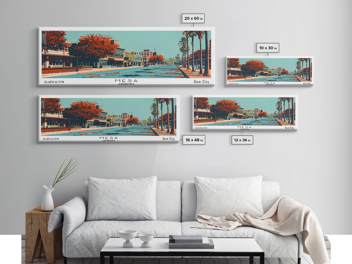 Mesa Arizona Panoramic Painting, Mid Century Modern Framed Canvas Print, Retro Pop Art Travel Poster, Living Room Decor, Gift Idea