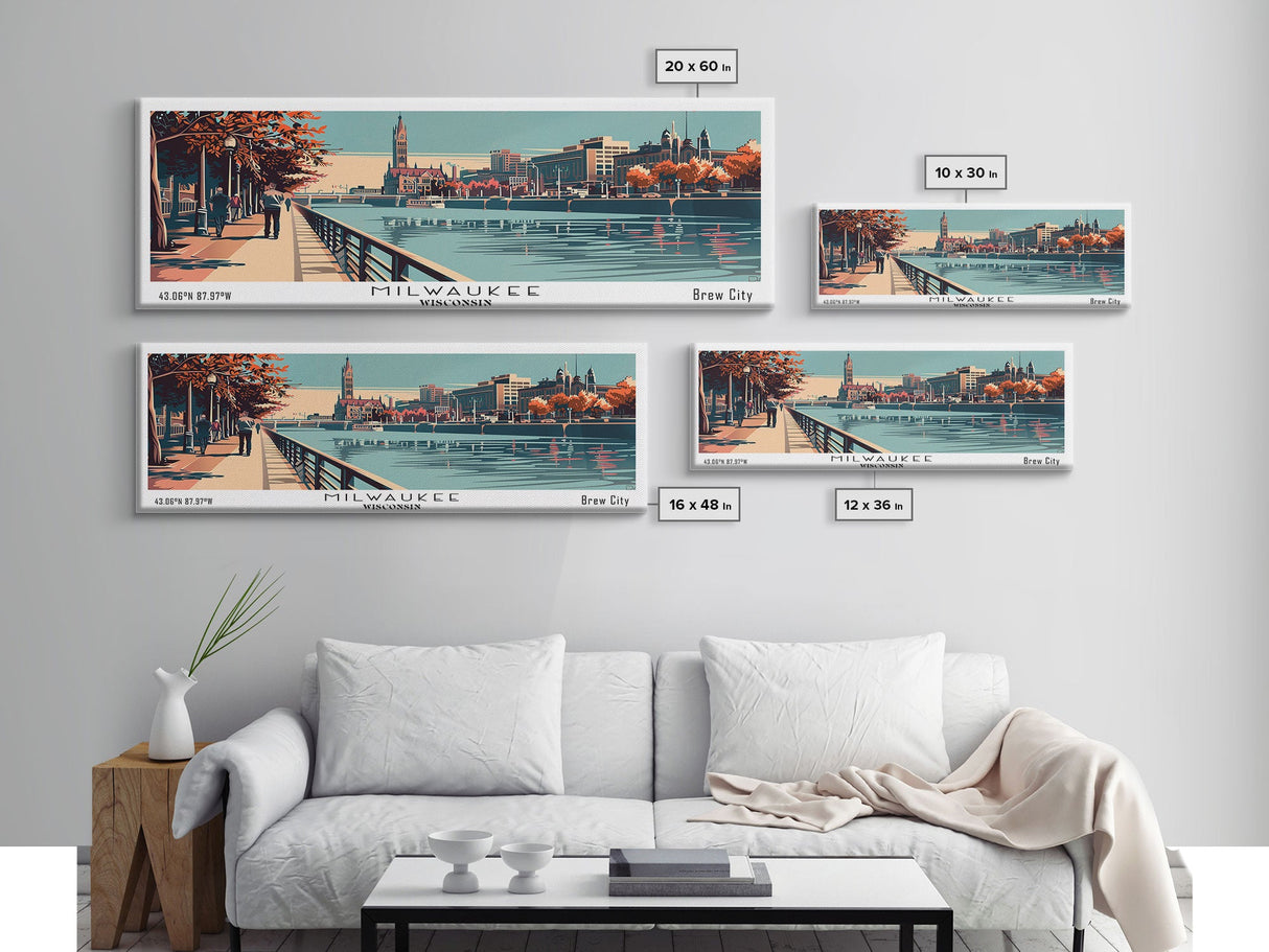 Milwaukee Wisconsin Panoramic Wall Art, Mid Century Modern Framed Canvas Print, Retro Pop Art Travel Poster, Office Decor, Living Room Art