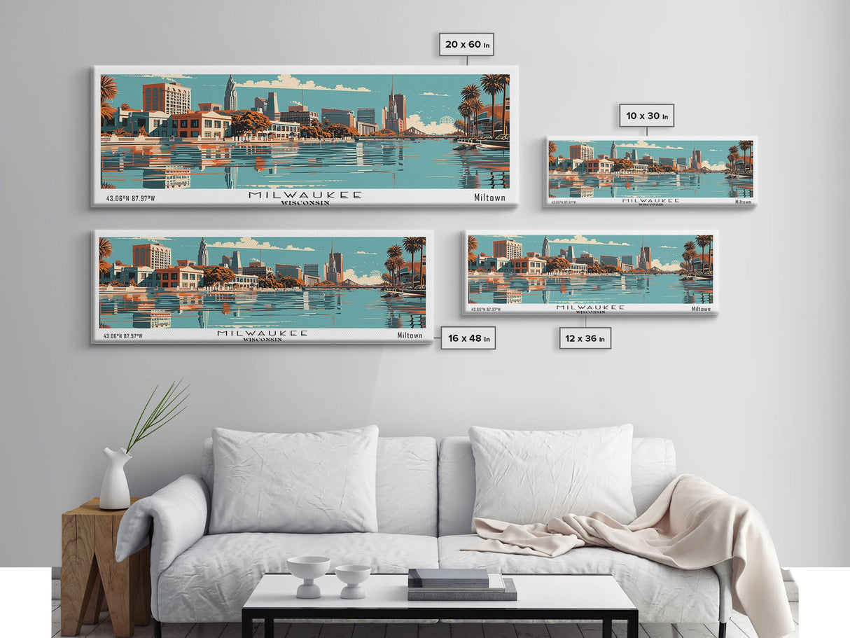 Milwaukee Wisconsin Panoramic Wall Art, Mid Century Modern Framed Canvas Print, Retro Pop Art Travel Poster, Office Decor, Living Room Art