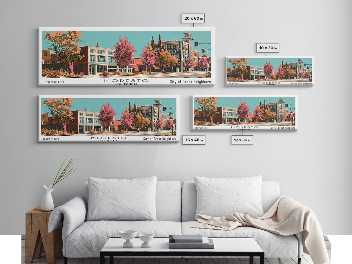 Modesto California Panoramic Wall Art, Mid Century Modern Framed Canvas Print, Retro Pop Art Travel Poster, Office Decor, Living Room Art