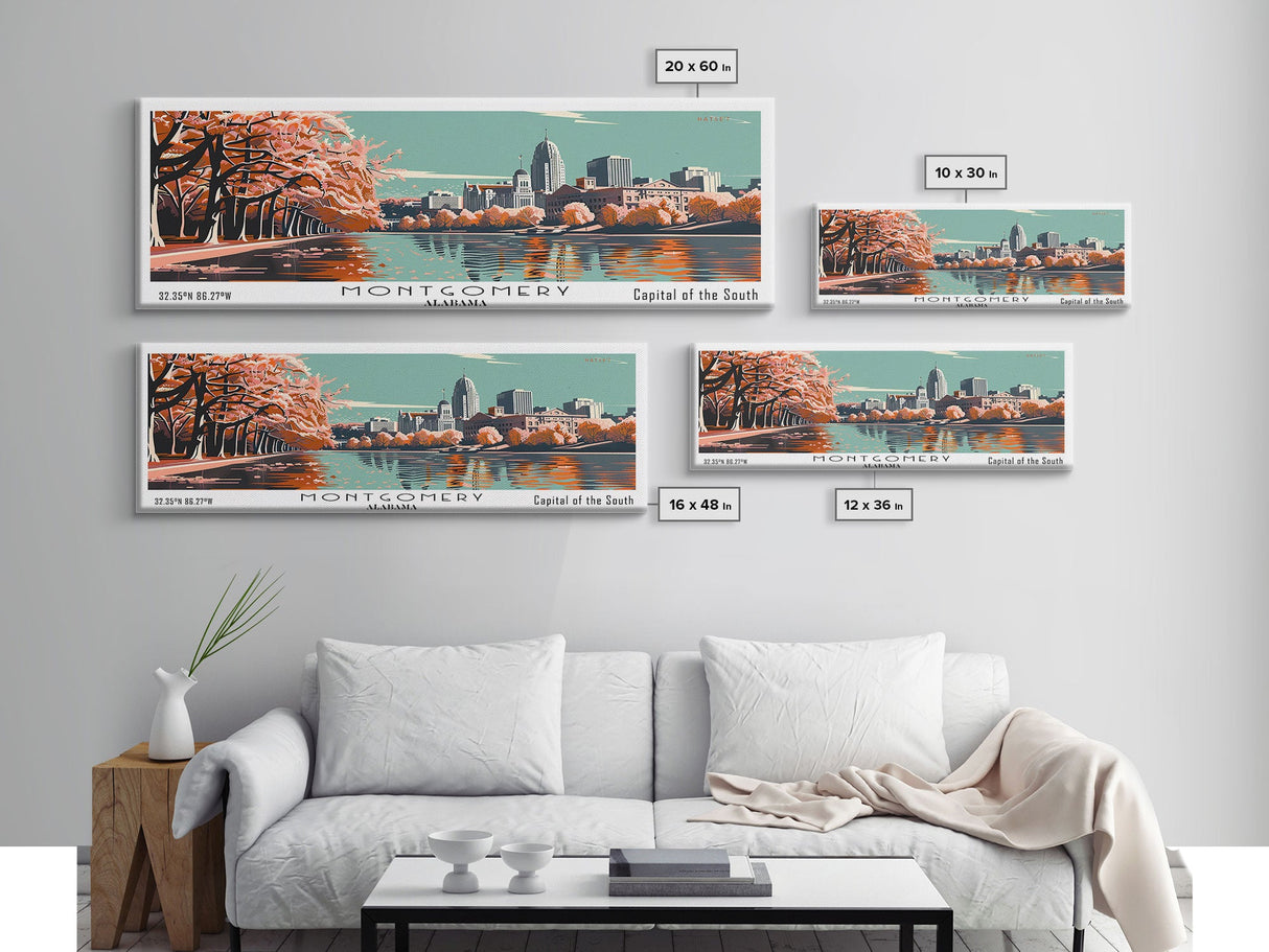 Montgomery Alabama Panoramic Painting, Mid Century Modern Framed Canvas Print, Retro Pop Art Travel Poster, Living Room Wall Decor