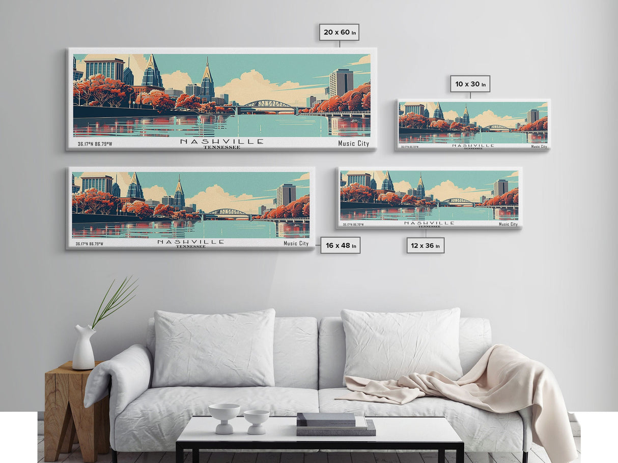 Nashville Tennessee Panoramic Painting, Mid Century Modern Framed Canvas Print, Retro Pop Art Travel Poster, Living Room Decor, City Art