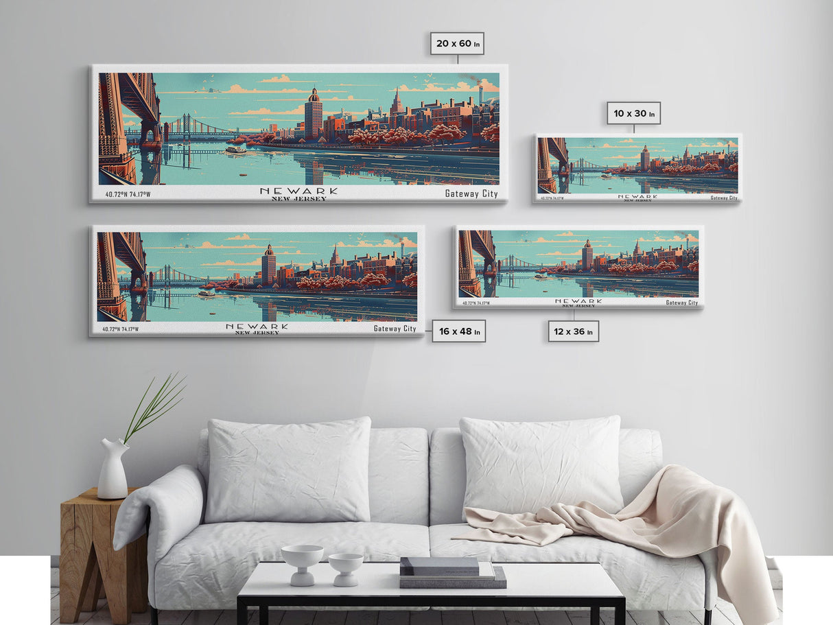 Newark New Jersey Panoramic Wall Art, Mid Century Modern Framed Canvas Print, Retro Pop Art Travel Poster, Office Decor, Gift Idea