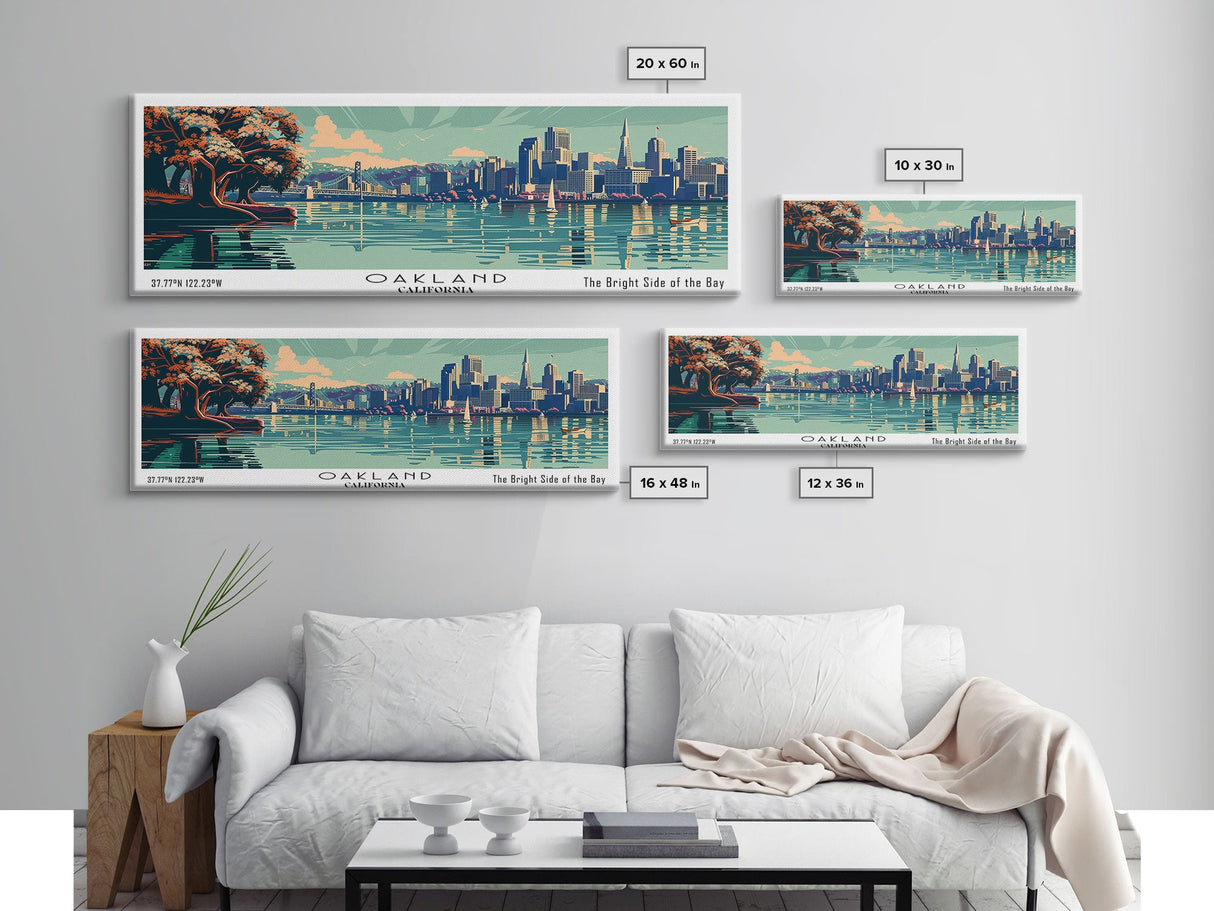 Oakland California Panoramic View, Mid Century Modern Framed Canvas Print, Retro Pop Art Travel Poster, Home Decor, Living Room Art