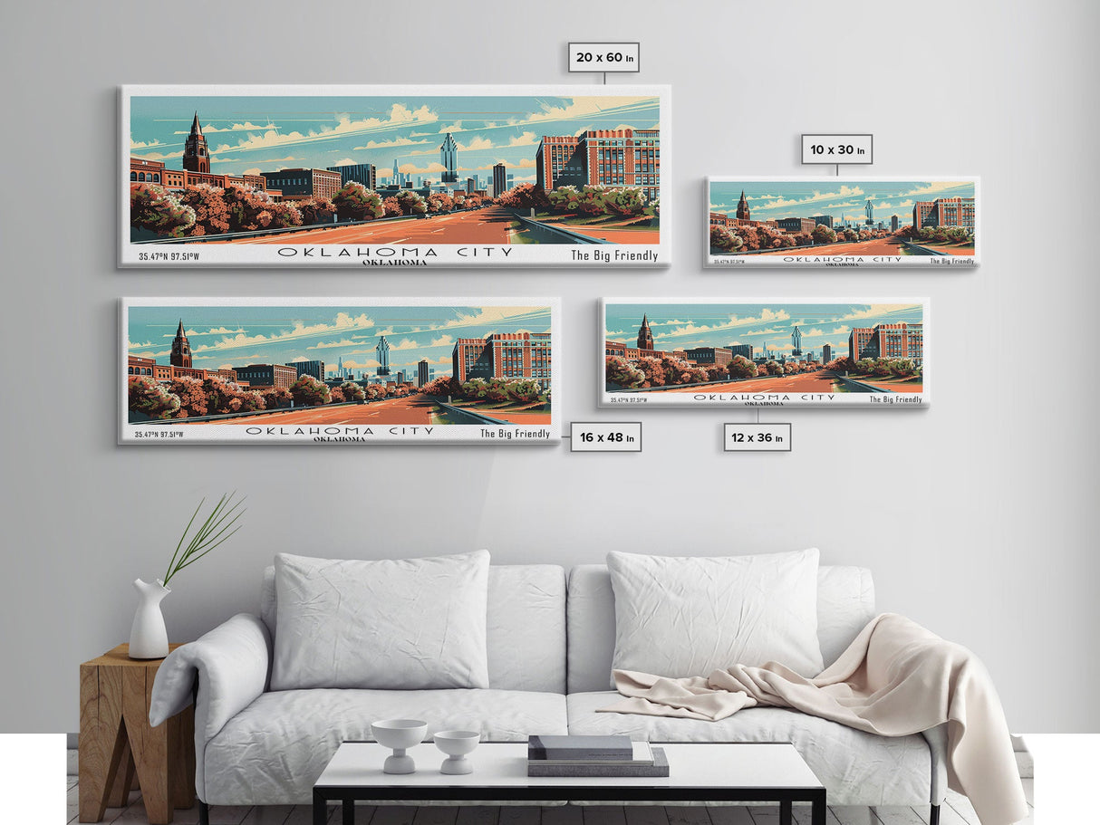 Oklahoma City Oklahoma Panoramic Wall Art, Mid Century Modern Framed Canvas Print, Retro Pop Art Travel Poster, Office Decor, Gift Idea