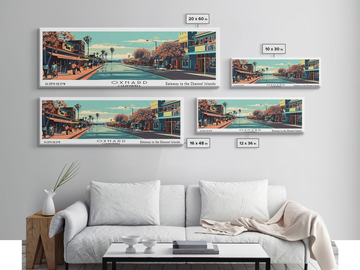 Oxnard California Panoramic Painting, Mid Century Modern Framed Canvas Print, Retro Pop Art Travel Poster, Living Room Decor, City Art