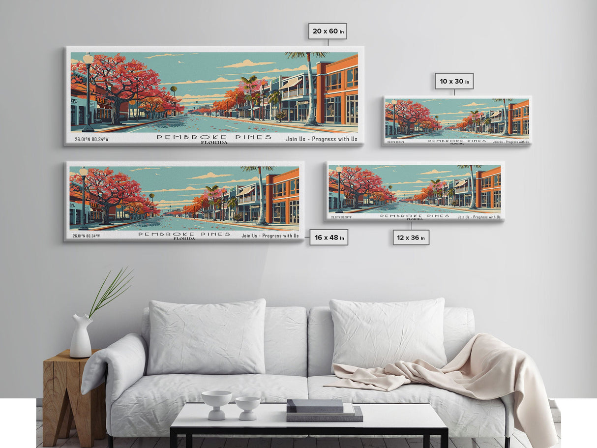 Pembroke Pines Florida Panoramic Wall Art, Mid Century Modern Framed Canvas Print, Retro Pop Art Travel Poster, Office Decor, Living Room Art