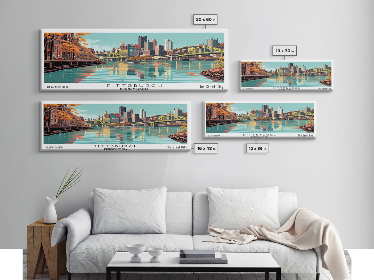 Pittsburgh Pennsylvania Panoramic Wall Art, Mid Century Modern Framed Canvas Print, Retro Pop Art Travel Poster, Office Decor, Gift Idea