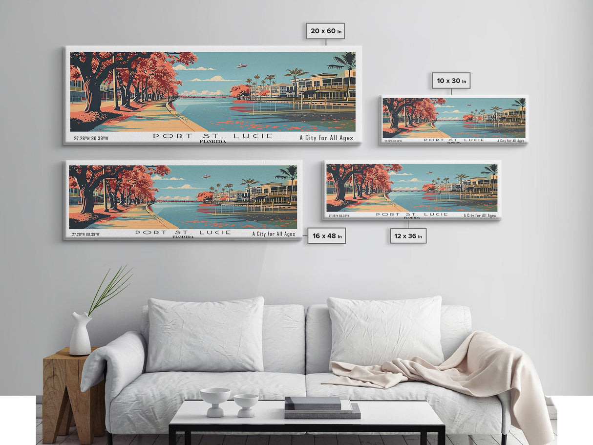 Port St. Lucie Florida Panoramic Painting, Mid Century Modern Framed Canvas Print, Retro Pop Art Travel Poster, Home Decor, Cityscape Art