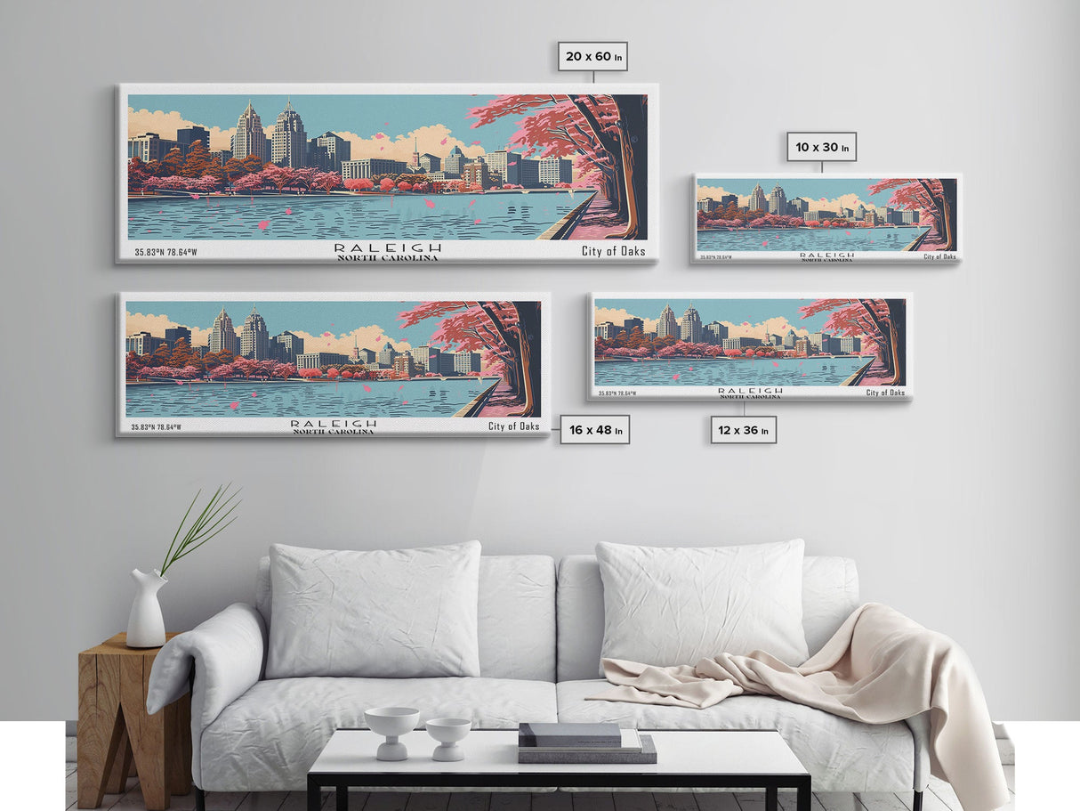 Raleigh North Carolina Panoramic Wall Art, Mid Century Modern Framed Canvas Print, Retro Pop Art Travel Poster, Office Decor, Gift Idea