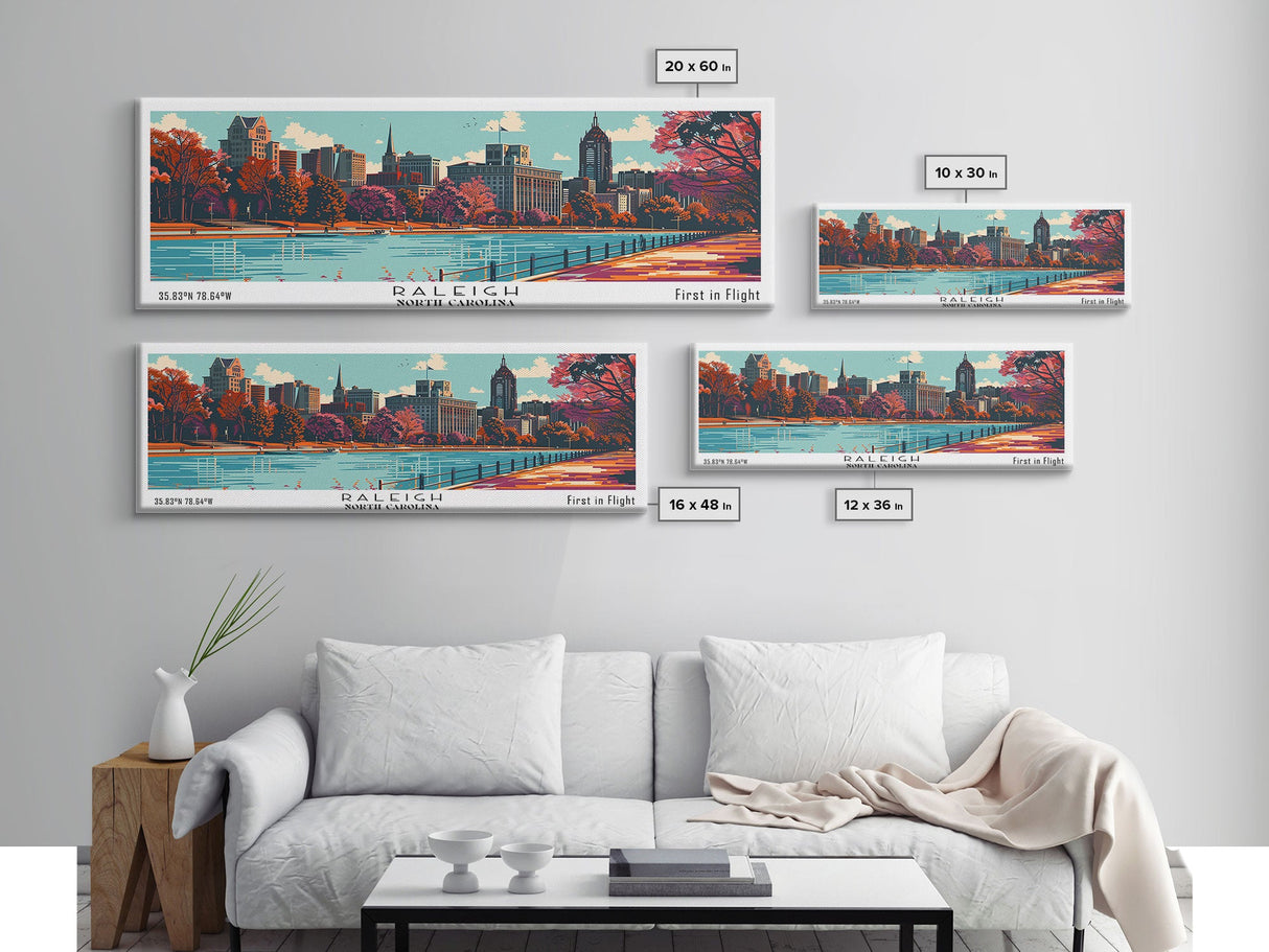 Raleigh North Carolina Panoramic Wall Art, Mid Century Modern Framed Canvas Print, Retro Pop Art Travel Poster, Office Decor, Gift Idea