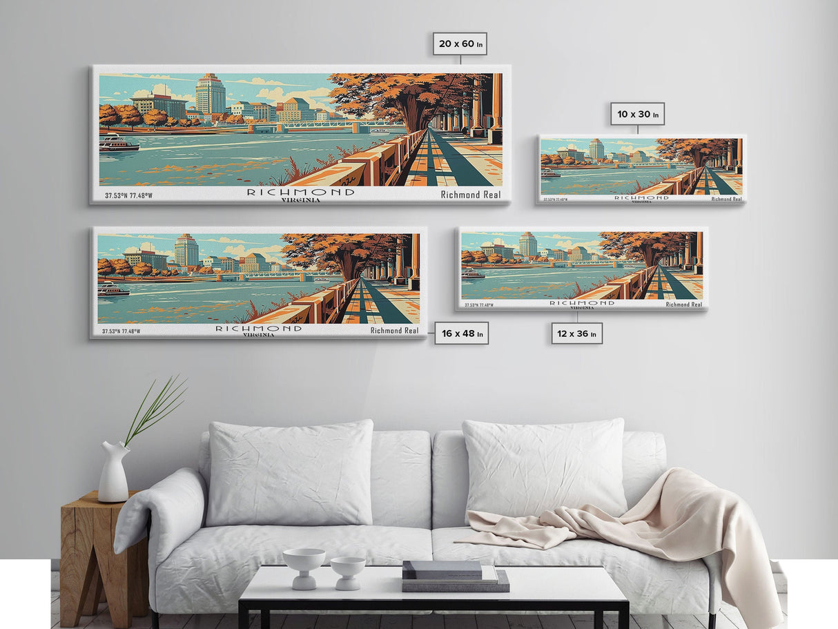 Richmond Virginia Panoramic Wall Art, Mid Century Modern Framed Canvas Print, Retro Pop Art Travel Poster, Office Decor, Cityscape Art