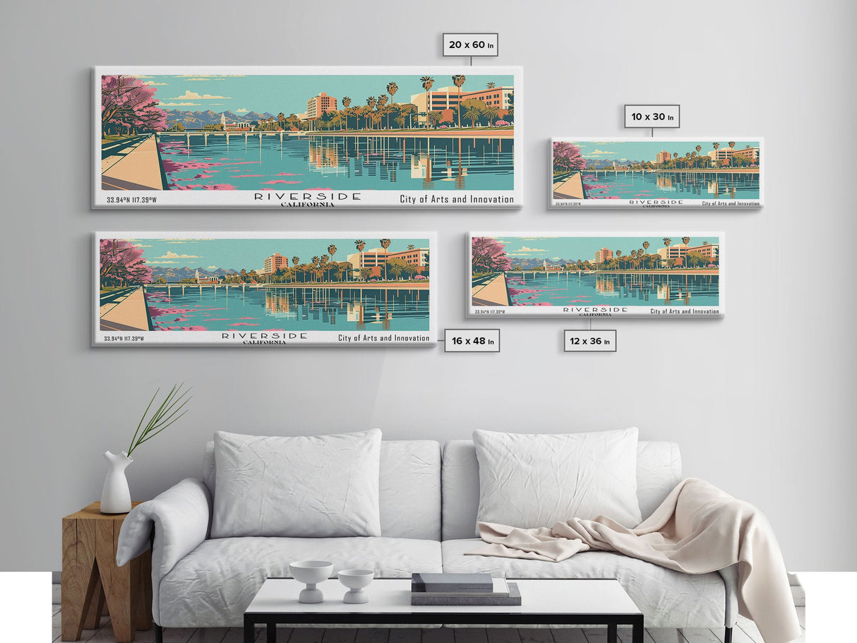 Riverside California Panoramic Wall Art, Mid Century Modern Framed Canvas Print, Retro Pop Art Cityscape, Travel Poster, Living Room Decor