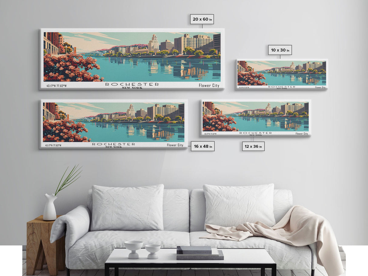 Rochester New York Panoramic Painting, Mid Century Modern Framed Canvas Print, Retro Pop Art Travel Poster, Cityscape, Home Decor, Office Wall Art