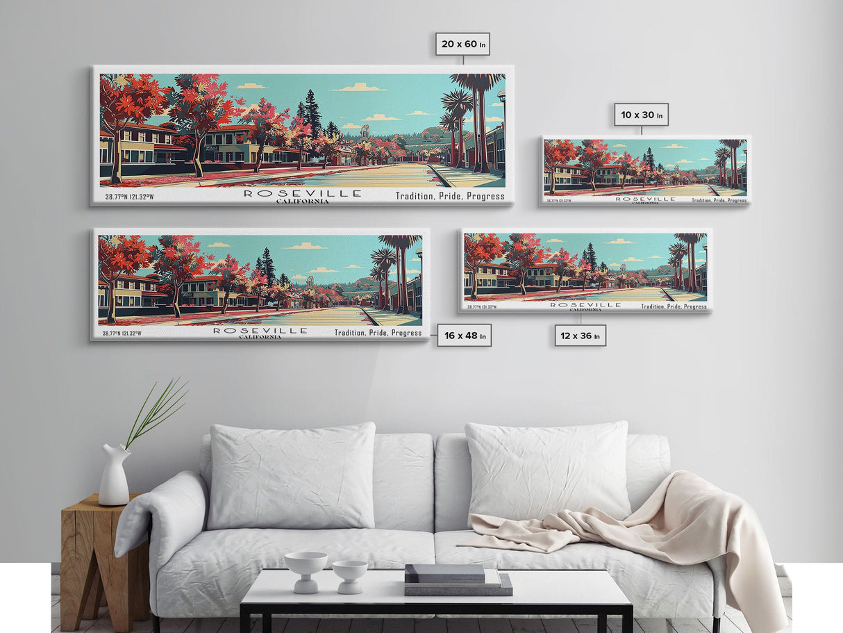 Roseville California Panoramic Wall Art, Mid Century Modern Framed Canvas Print, Retro Pop Art Cityscape, Travel Poster, Living Room Decor