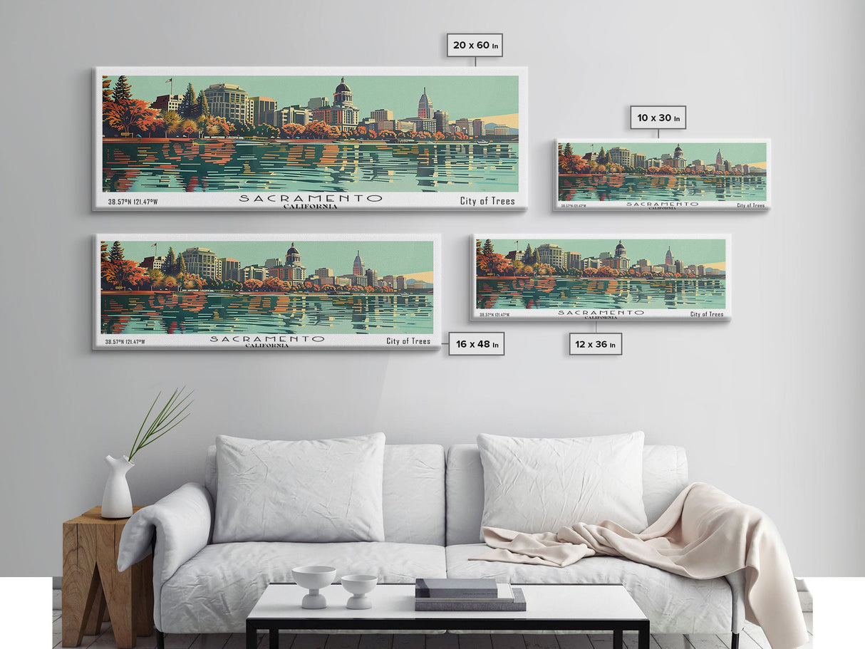 Sacramento California Panoramic Painting, Mid Century Modern Framed Canvas Print, Retro Pop Art Travel Poster, Cityscape, Home Decor, Office Wall Art