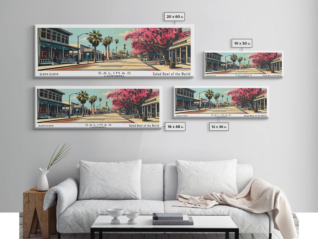 Salinas California Panoramic Painting, Mid Century Modern Framed Canvas Print, Retro Pop Art Travel Poster, Cityscape, Home Decor, Office Wall Art