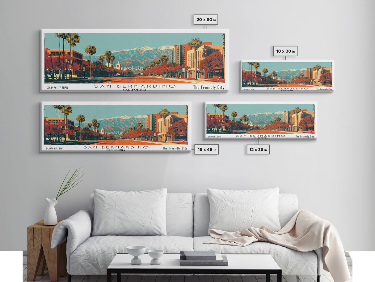 San Bernardino California Panoramic Wall Art, Mid Century Modern Framed Canvas Print, Retro Pop Art Cityscape, Travel Poster, Living Room Decor