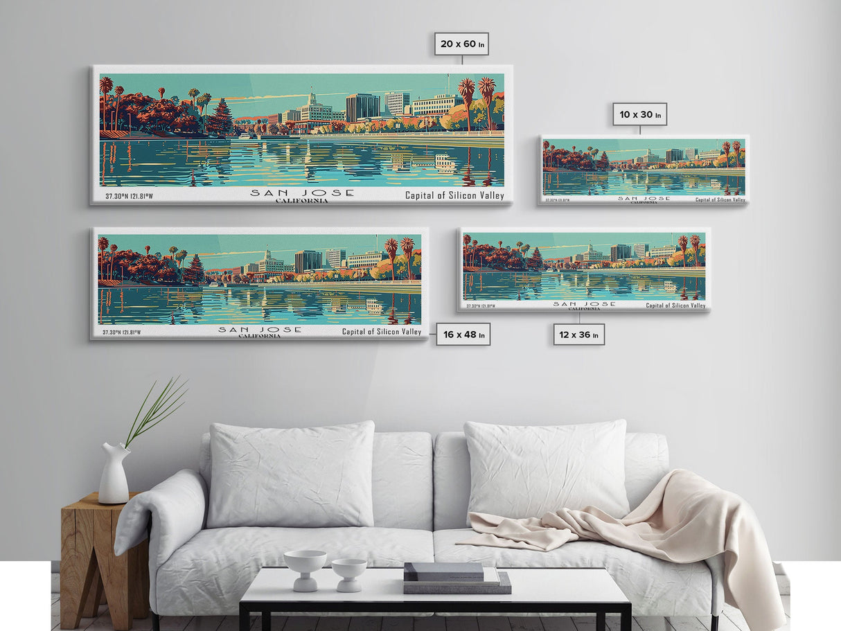 San Jose California Panoramic Painting, Mid Century Modern Framed Canvas Print, Retro Pop Art Travel Poster, Cityscape, Home Decor, Office Wall Art