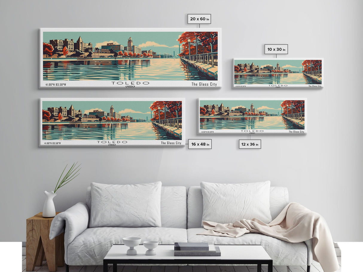 Toledo Ohio Panoramic Wall Art, Mid Century Modern Framed Canvas Print, Retro Pop Art Cityscape, Travel Poster, Living Room Decor