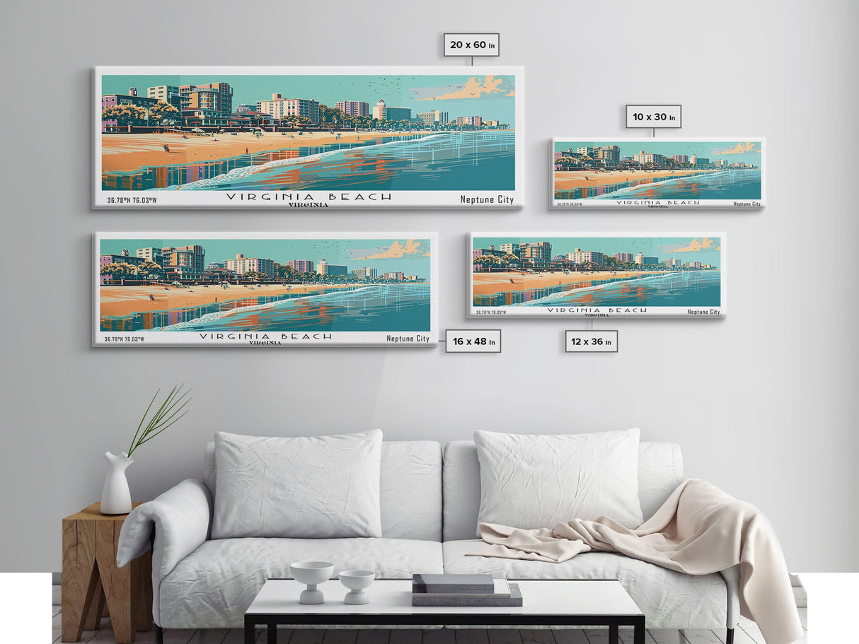 Virginia Beach Virginia Panoramic Wall Art, Mid Century Modern Framed Canvas Print, Retro Pop Art Travel Poster, Beach City Art, Home Office Decor