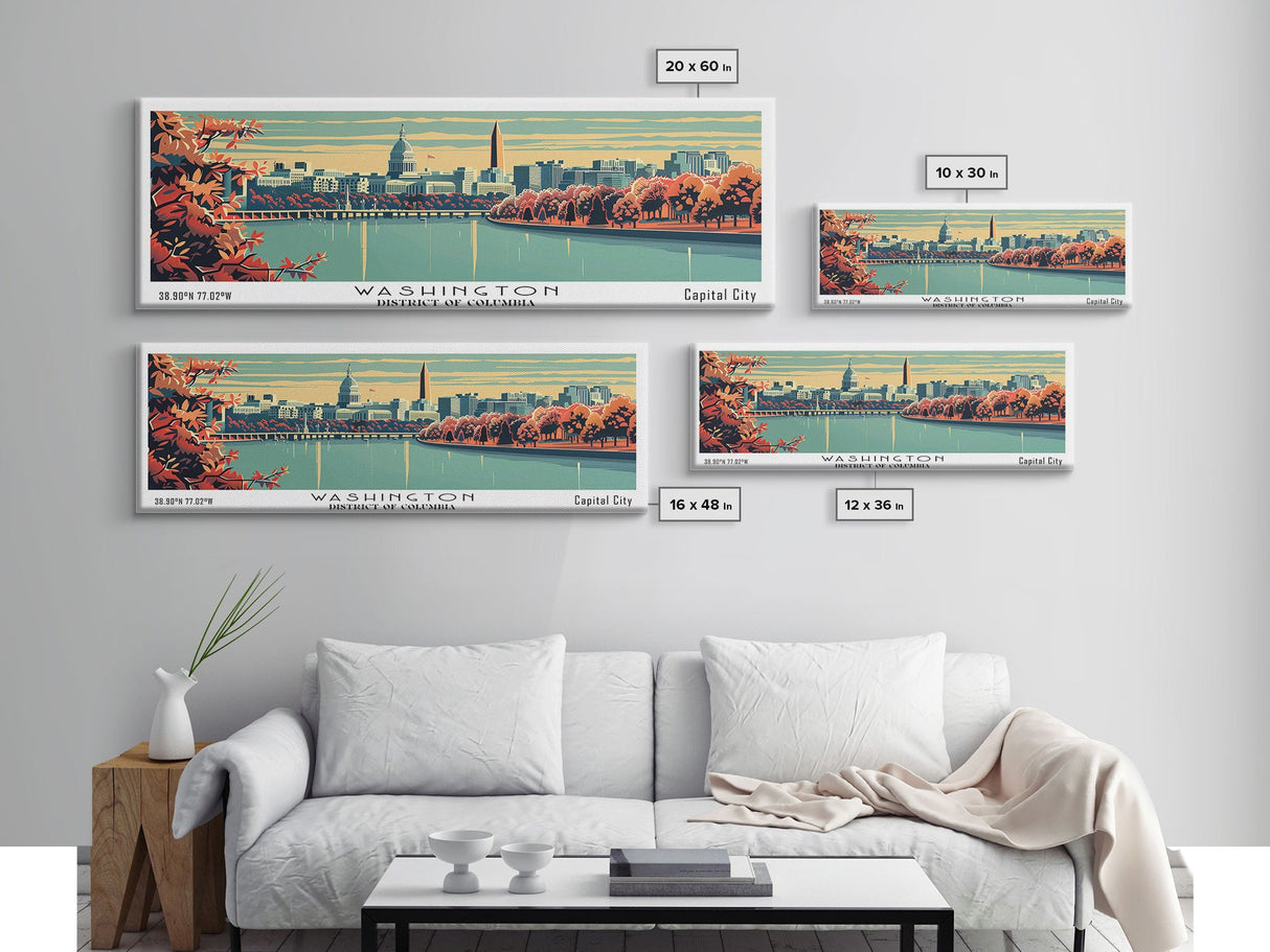 Washington DC Panoramic Wall Art, Mid Century Modern Framed Canvas Print, Retro Pop Art Travel Poster, Cityscape Decor, Office Wall Art