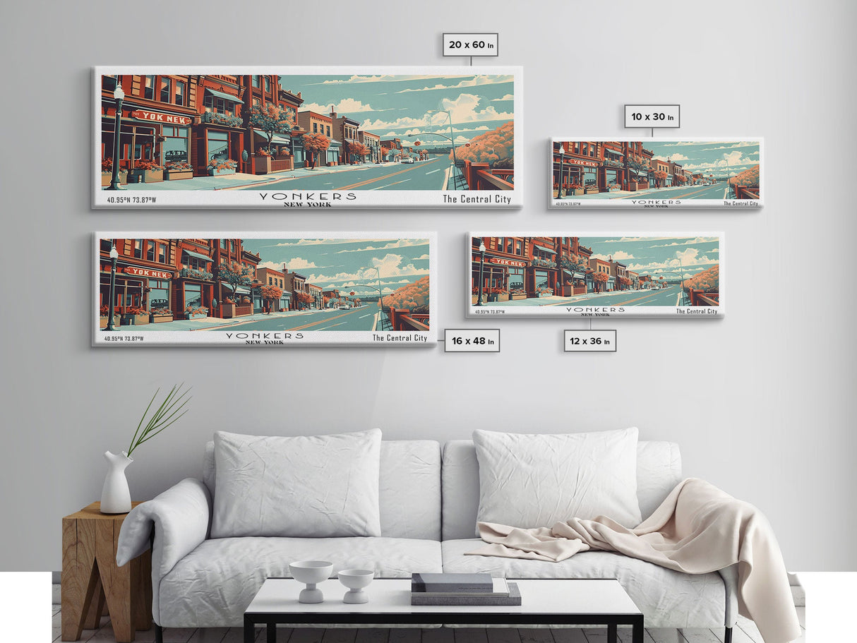 Yonkers New York Panoramic Wall Art, Mid Century Modern Framed Canvas Print, Retro Pop Art Travel Poster, Cityscape Decor, Office Wall Art