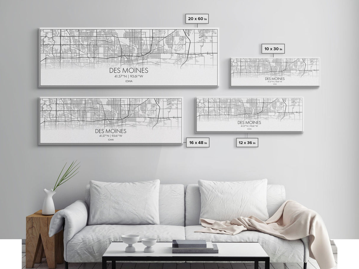 Panoramic Des Moines City Map, Iowa Art, Map Print, Minimalist Wall Art, Canvas Art, Housewarming Gift, Street Map Art, Closing Gift