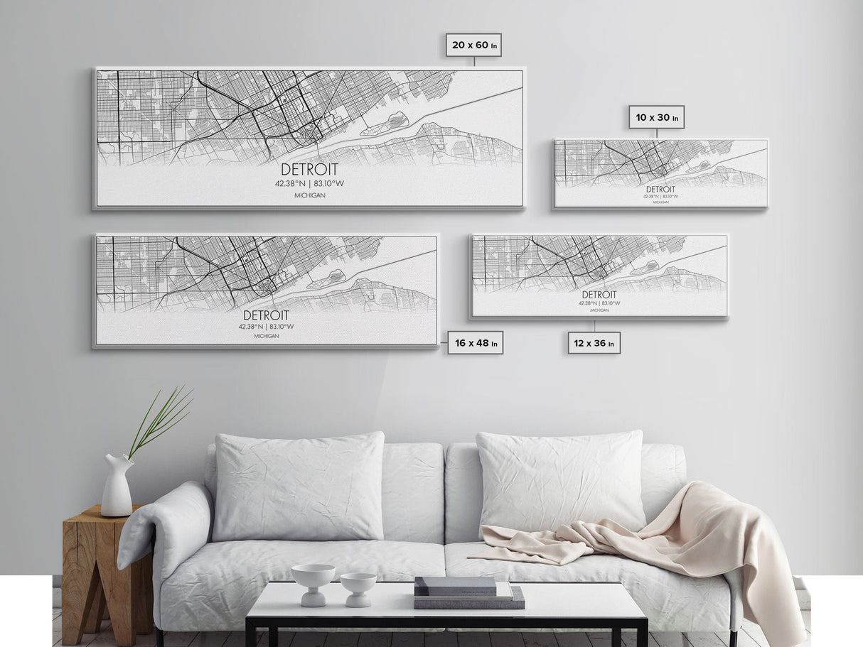 Panoramic Detroit City Map, Michigan Art, Map Print, Minimalist Wall Art, Canvas Art, Housewarming Gift, Street Map Art, Closing Gift