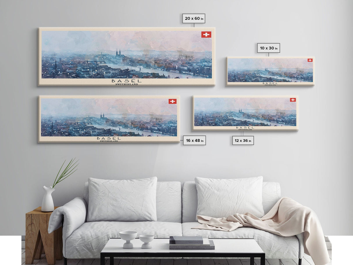 Basel Switzerland Travel Art, City Art, Framed Canvas Print or Metal Wall Art, Europe Travel Poster, Panoramic Wall Art, Extra Wide Wall Art