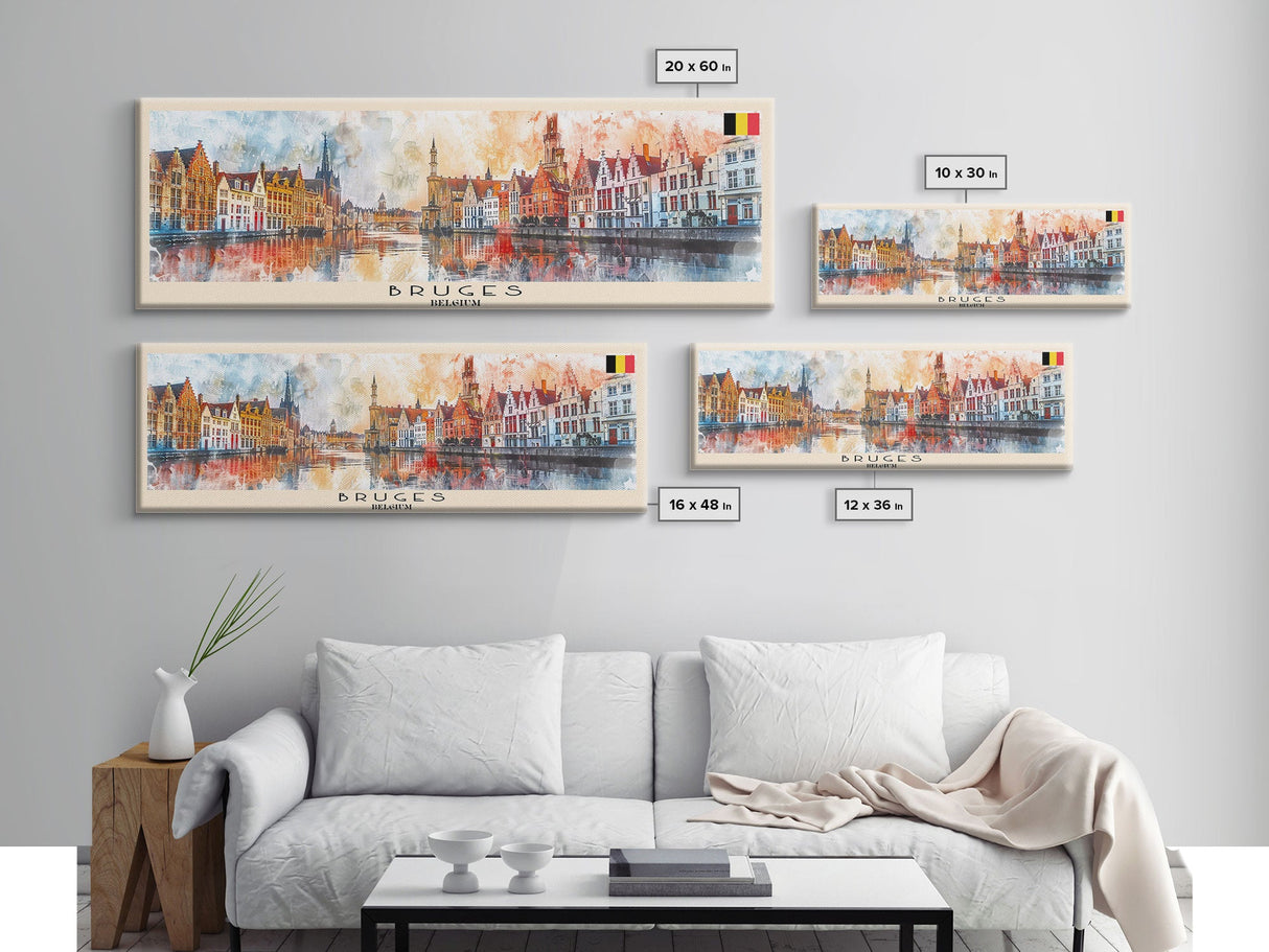 Bruges Belgium Travel Art, City Art, Framed Canvas Print or Metal Wall Art, Europe Travel Poster, Panoramic Wall Art, Extra Wide Wall Art