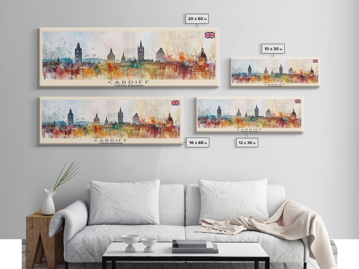 Cardiff United Kingdom Travel Art, City Art, Framed Canvas Print or Metal Wall Art, Europe Travel Poster, Panoramic Wall Art, Extra Wide Wall Art