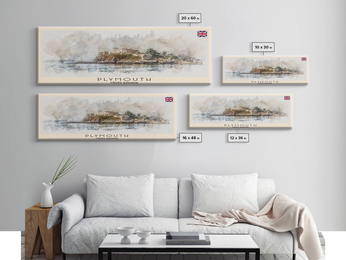 Plymouth United Kingdom Panoramic Travel Poster, Framed Canvas Print or Metal Wall Art, Travel Art, Home Decor, Panoramic Painting, Midcentury Art