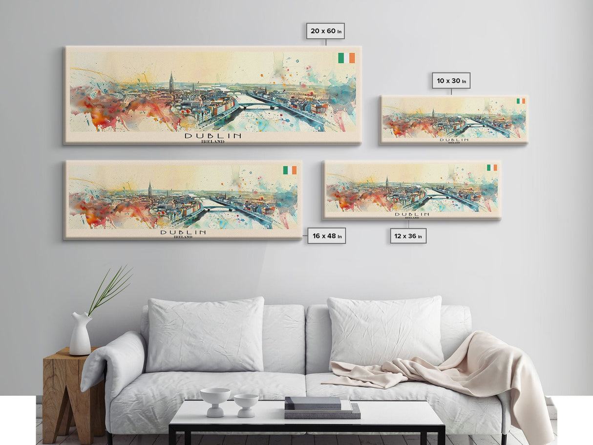 Dublin Ireland Panoramic Travel Poster, Framed Canvas Print or Metal Wall Art, Travel Art, Home Decor, Panoramic Painting, Midcentury Art