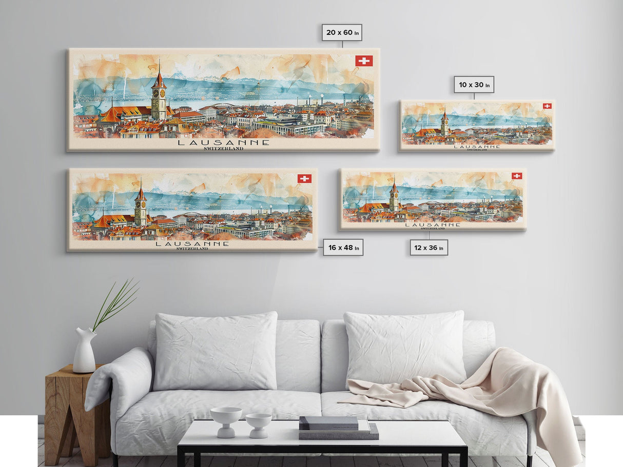 Lausanne Switzerland Travel Print Wall Art, Panoramic City Art, Travel Art, Wall Decor, Vacation Gift, Framed Canvas Print Or Metal Art