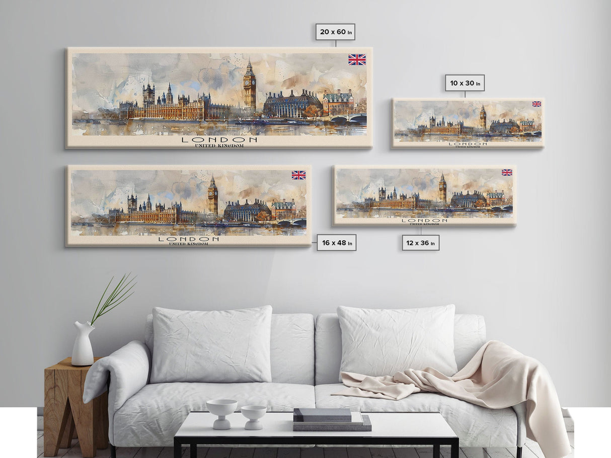 London United Kingdom Panoramic Travel Poster, Framed Canvas Print or Metal Wall Art, Travel Art, Home Decor, Panoramic Painting, Midcentury Art