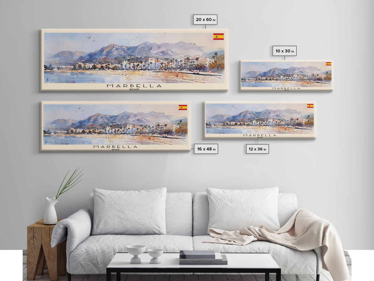 Marbella Spain Travel Art, City Art, Framed Canvas Print or Metal Wall Art, Europe Travel Poster, Panoramic Wall Art, Extra Wide Wall Art