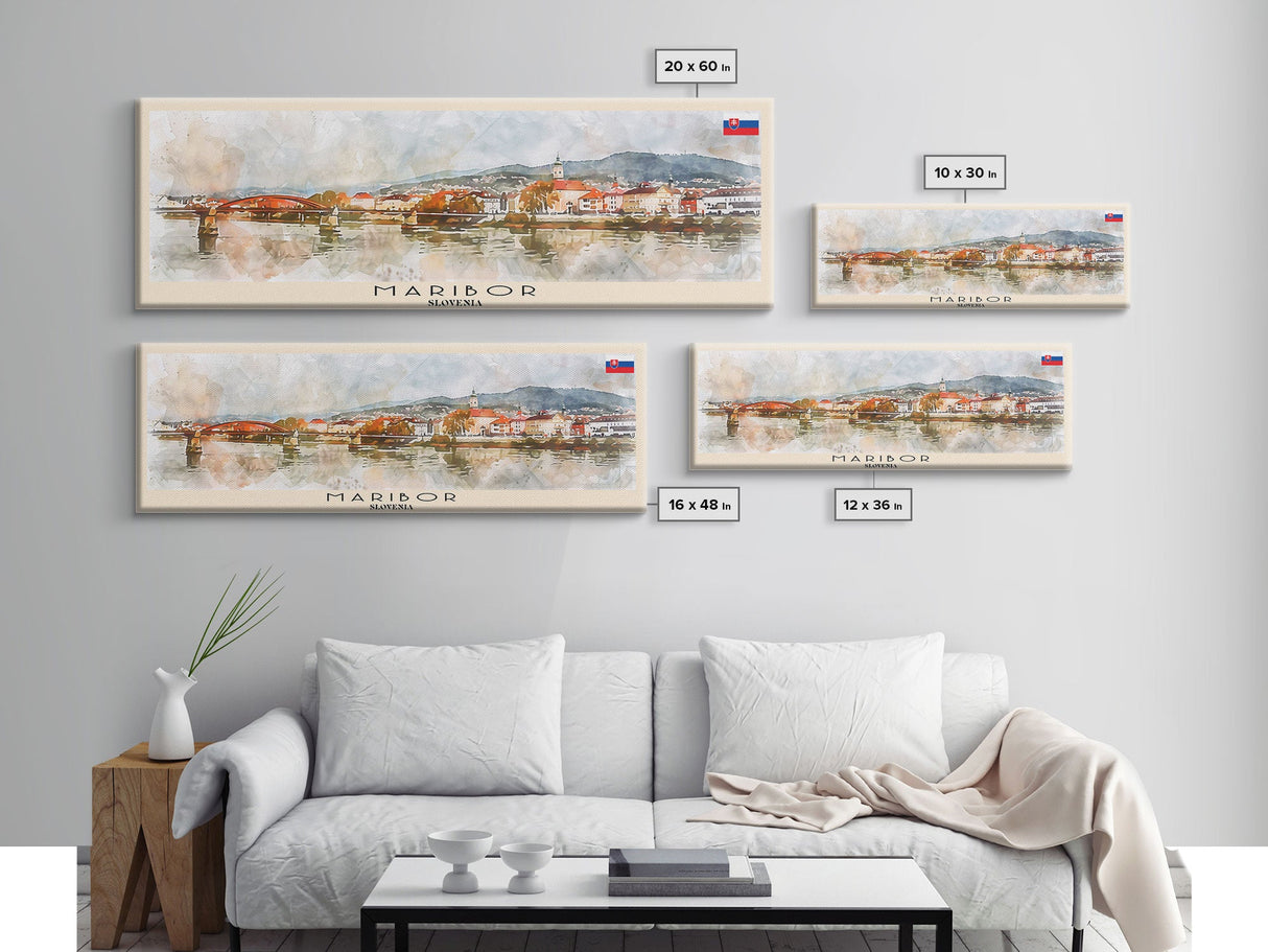 Maribor Slovenia Panoramic Travel Poster, Framed Canvas Print or Metal Wall Art, Travel Art, Home Decor, Panoramic Painting, Midcentury Art