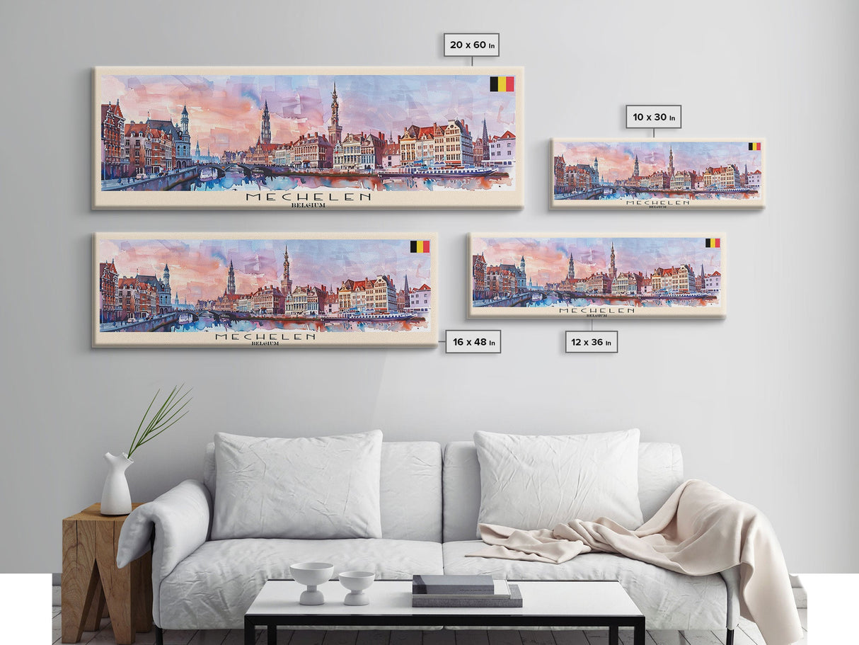 Mechelen Belgium Panoramic Travel Poster, Framed Canvas Print or Metal Wall Art, Travel Art, Home Decor, Panoramic Painting, Midcentury Art