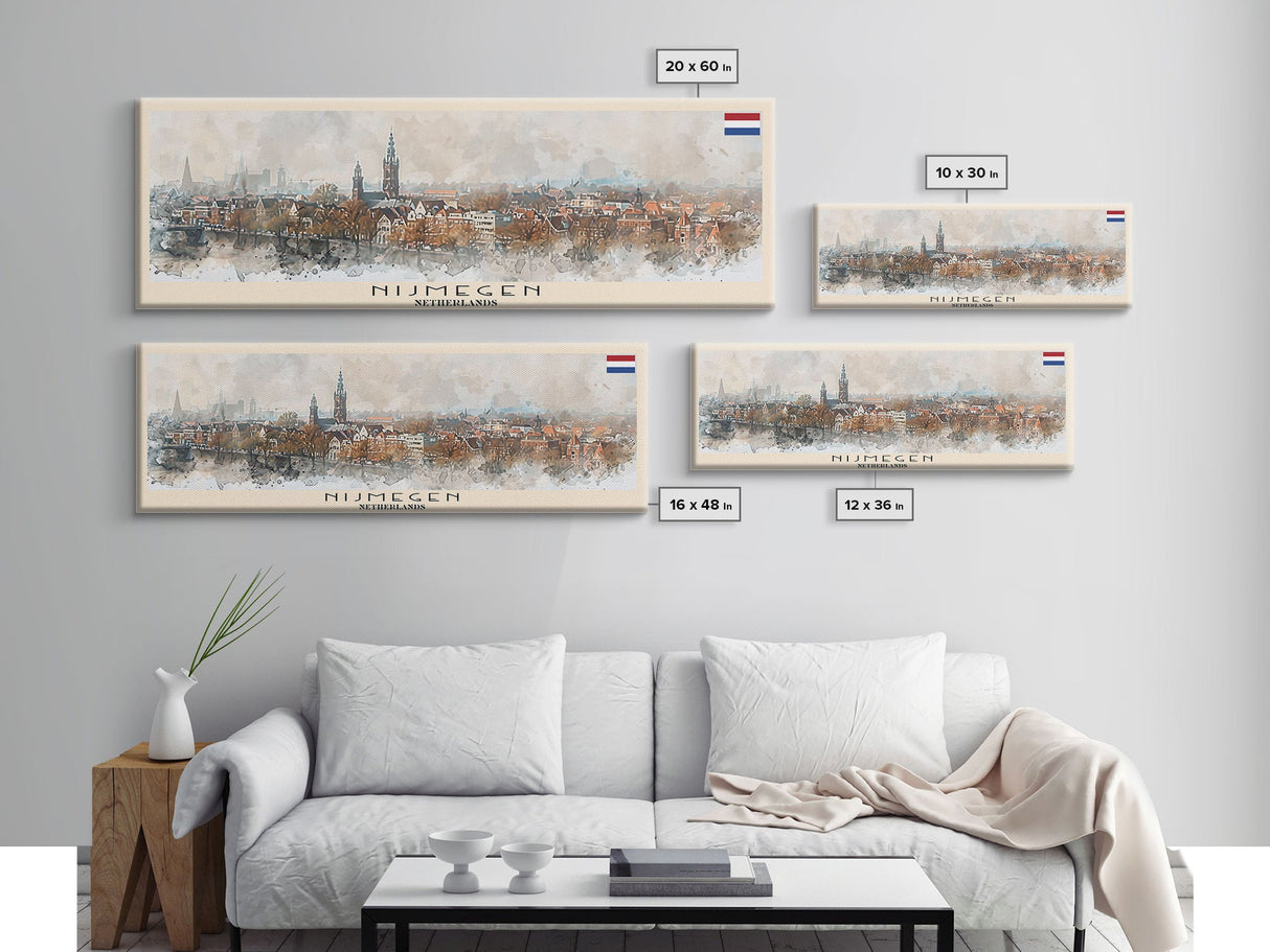 Nijmegen Netherlands Panoramic Travel Poster, Framed Canvas Print or Metal Wall Art, Travel Art, Home Decor, Panoramic Painting, Midcentury Art