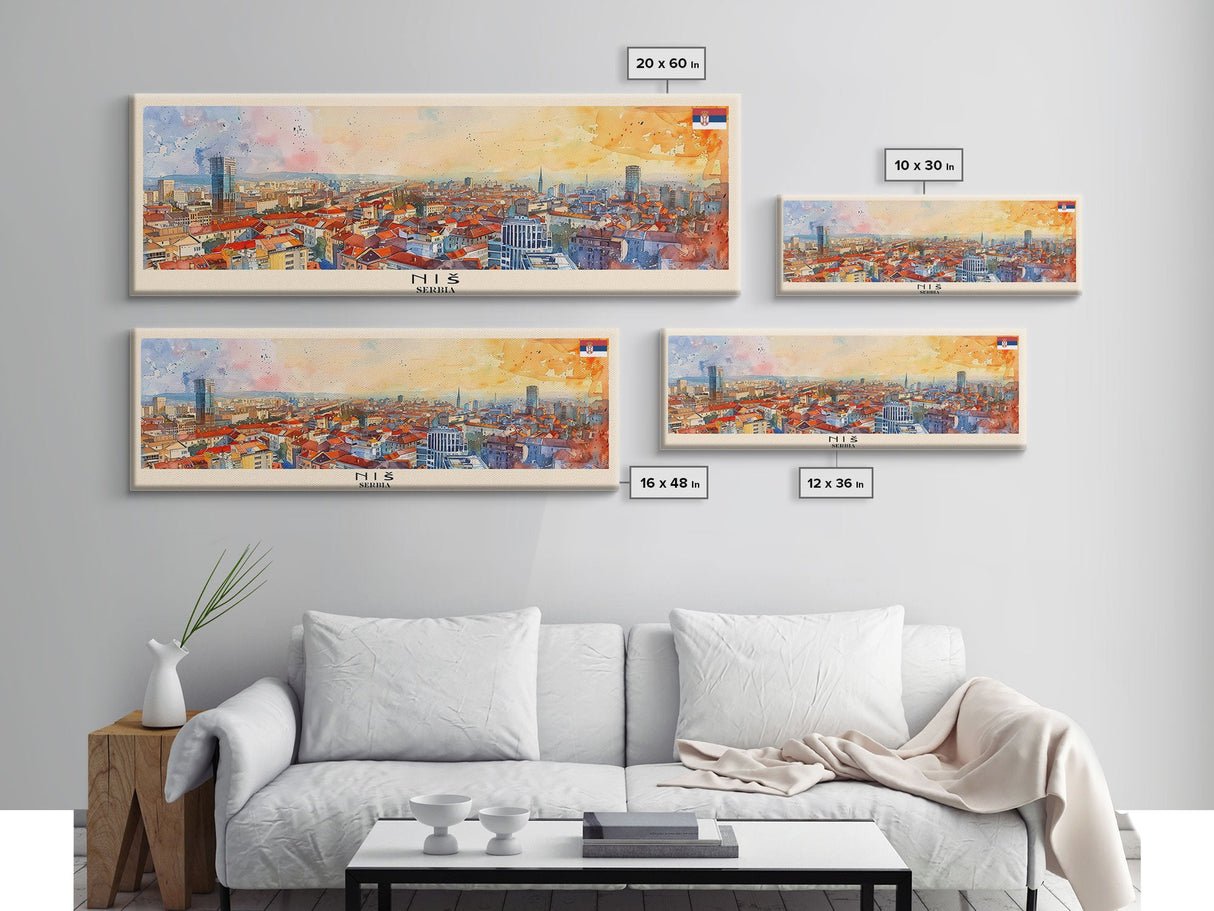 Niš Serbia Panoramic Travel Poster, Framed Canvas Print or Metal Wall Art, Travel Art, Home Decor, Panoramic Painting, Midcentury Art