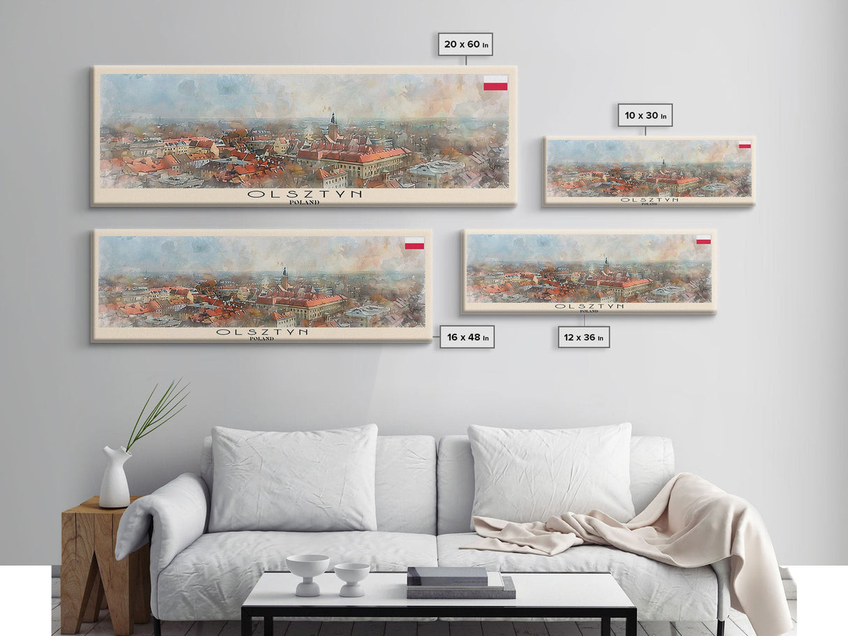 Olsztyn Poland Panoramic Travel Poster, Framed Canvas Print or Metal Wall Art, Travel Art, Home Decor, Panoramic Painting, Midcentury Art