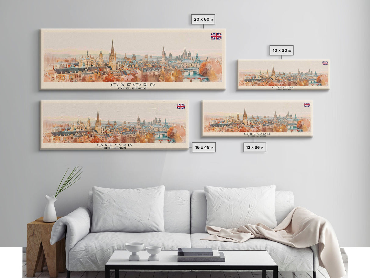 Oxford United Kingdom Panoramic Travel Poster, Framed Canvas Print or Metal Wall Art, Travel Art, Home Decor, Panoramic Painting, Midcentury Art