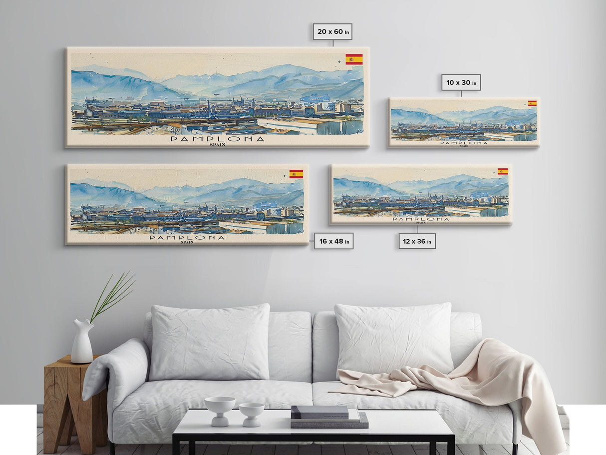 Pamplona Spain Panoramic Travel Poster, Framed Canvas Print or Metal Wall Art, Travel Art, Home Decor, Panoramic Painting, Midcentury Art