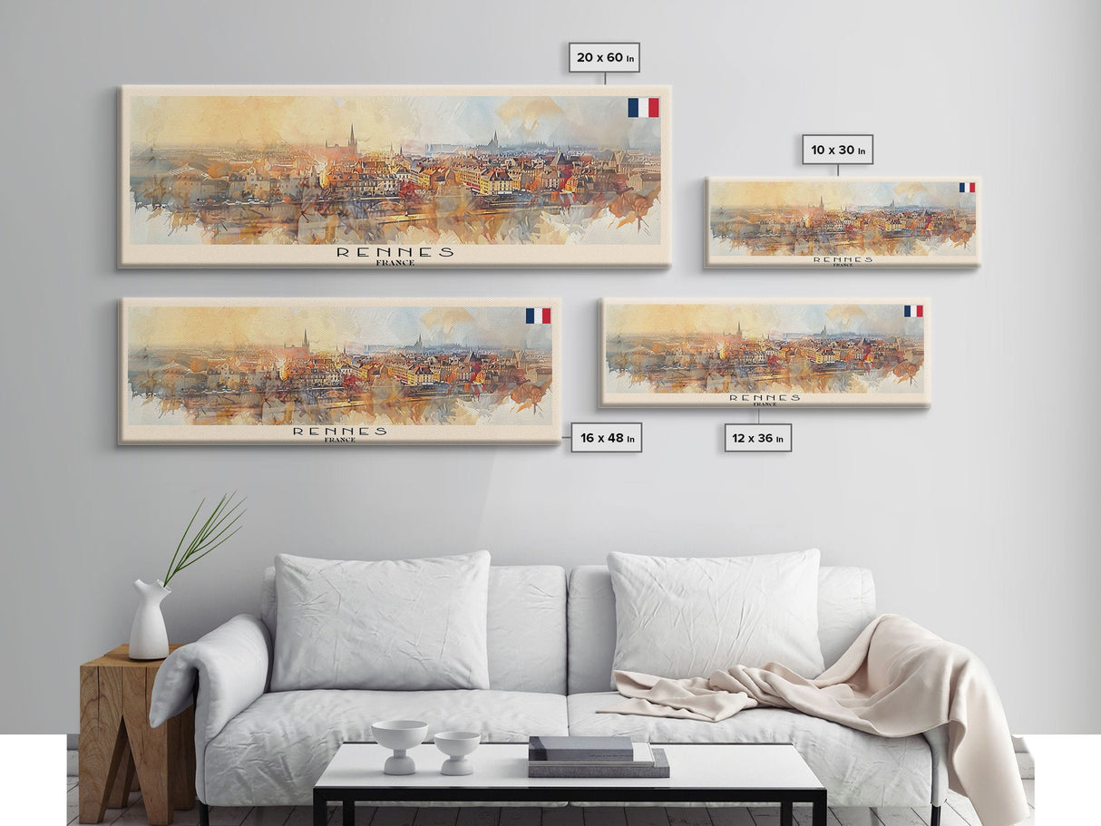 Rennes France Panoramic Travel Poster, Framed Canvas Print or Metal Wall Art, Travel Art, Home Decor, Panoramic Painting, Midcentury Art