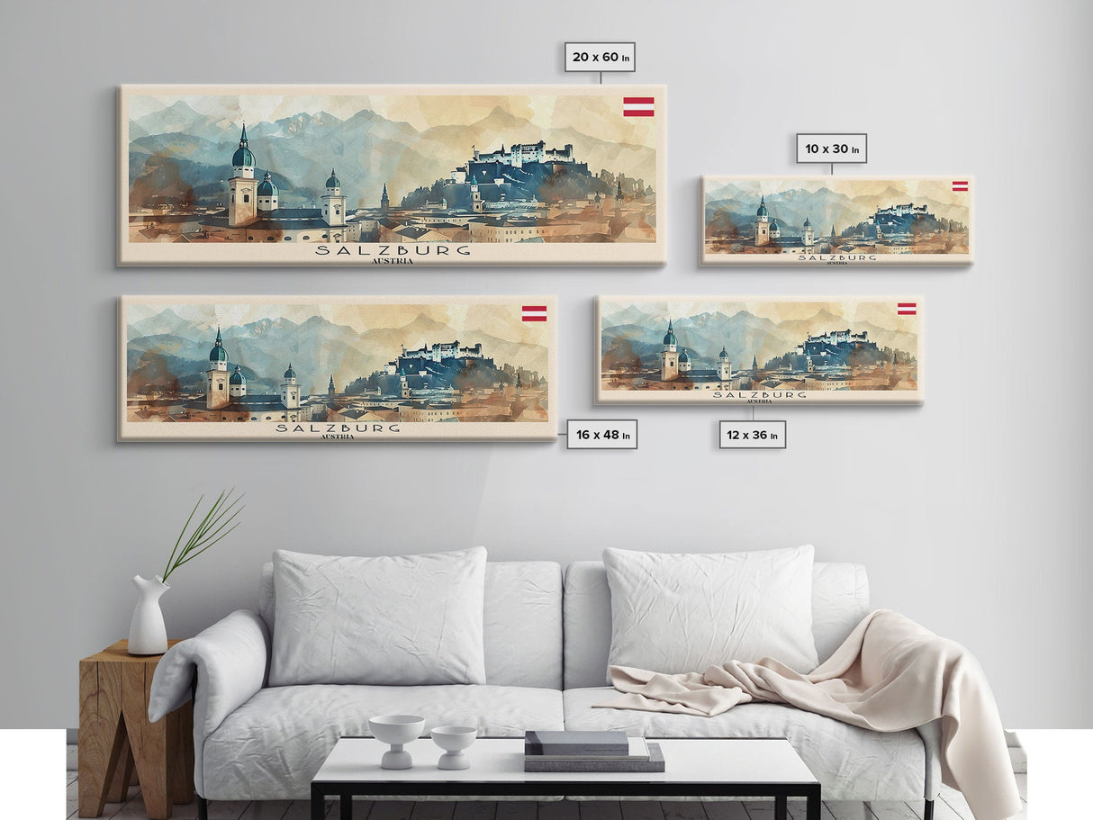 Salzburg Austria Panoramic Travel Poster, Framed Canvas Print or Metal Wall Art, Travel Art, Home Decor, Panoramic Painting, Midcentury Art