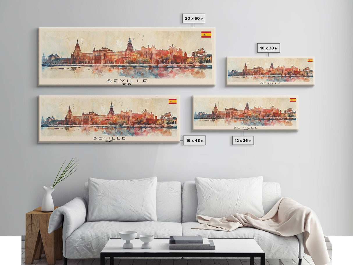 Seville Spain Panoramic Travel Poster, Framed Canvas Print or Metal Wall Art, Travel Art, Home Decor, Panoramic Painting, Midcentury Art