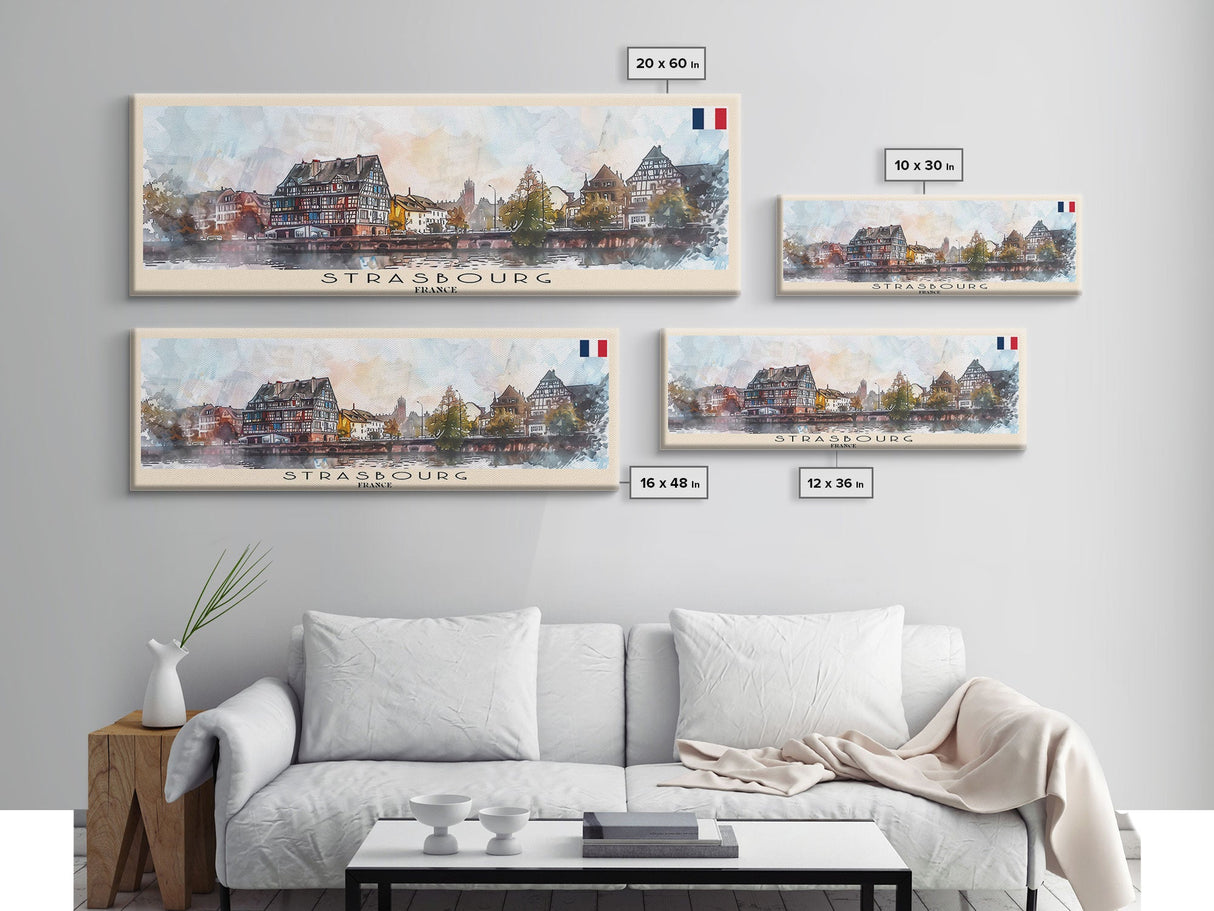 Strasbourg France Panoramic Travel Poster, Framed Canvas Print or Metal Wall Art, Travel Art, Home Decor, Panoramic Painting, Midcentury Art